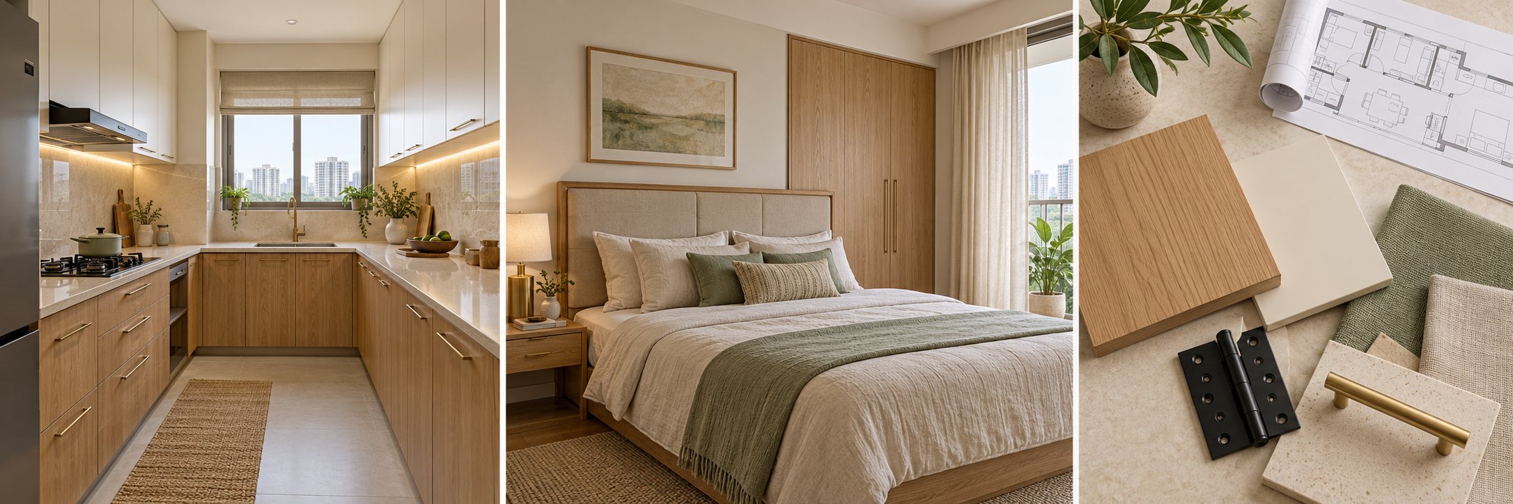 Illustrative design moods showing a kitchen, a bedroom and an interior material palette