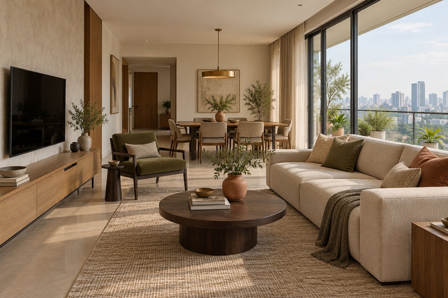 Illustrative warm apartment interior with oak furniture and balcony daylight